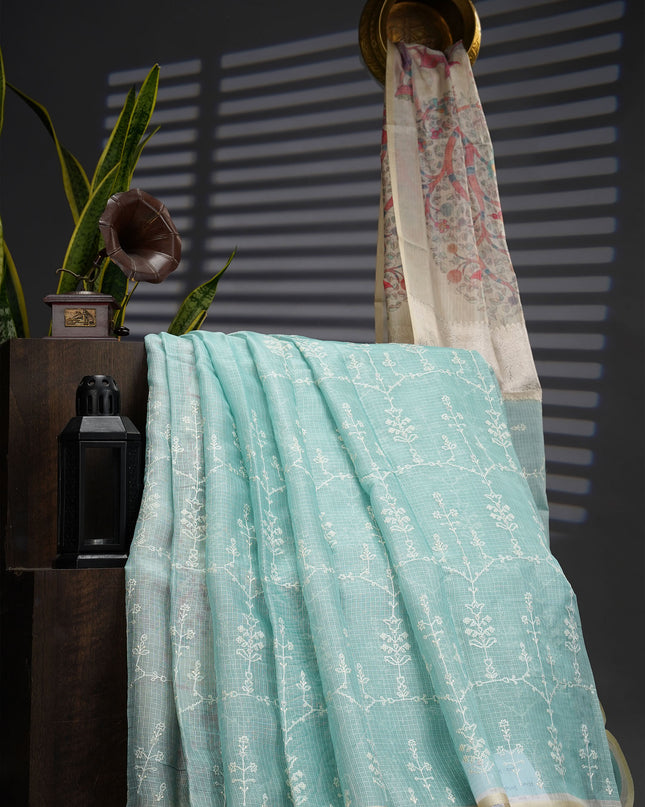 Silk Kota Saree With Allover Silver Zari Butties And Gold Border - Sea Blue