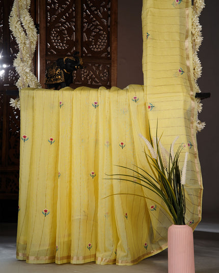 Mul chanderi saree with thread embroidery butties - Lemon Yellow