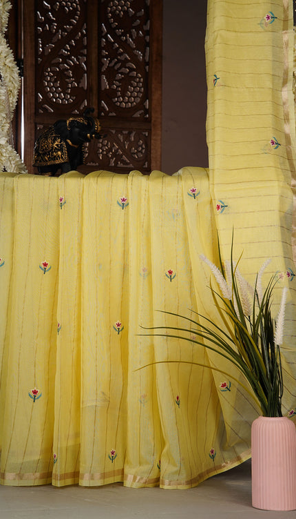 Mul chanderi saree with thread embroidery butties - Lemon Yellow