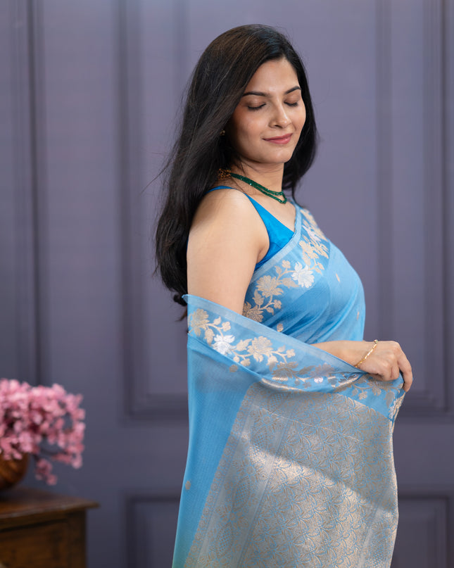 Satin Kota  Golden Zari weaving Buttis  with Banaras Border -Green