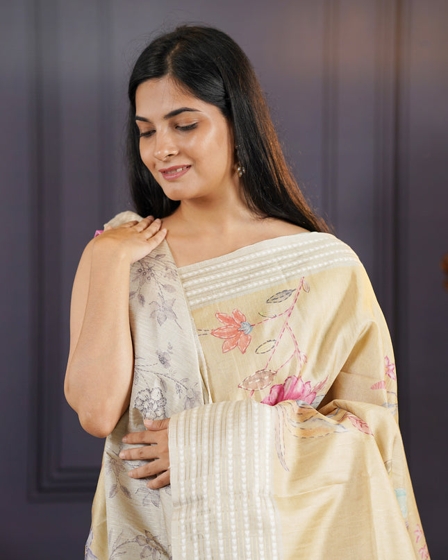 Tusser Silk Saree With Digital Floral Design - Tan