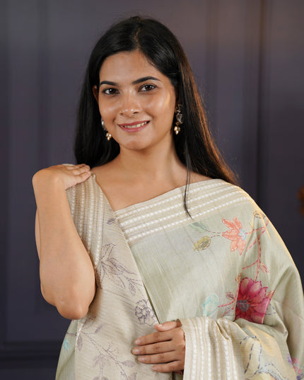 Tusser Silk Saree With Digital Floral Design - Pista Green