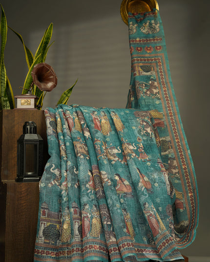 Silk Kota Saree With Digital Print And Gold Weaving Butties - Bottle Green