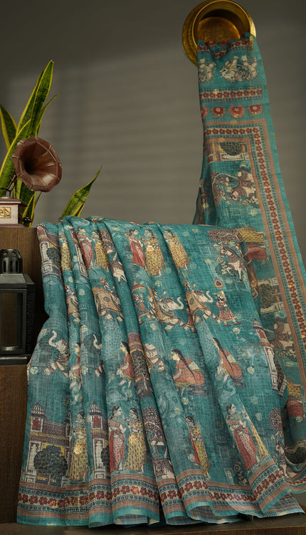 Silk Kota Saree With Digital Print And Gold Weaving Butties - Bottle Green