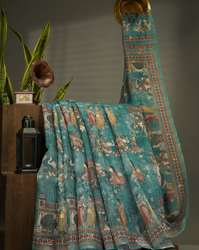 Silk Kota Saree With Digital Print And Gold Weaving Butties - Bottle Green