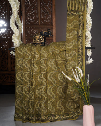 Chanderi cotton saree with Kalamkari print - Olive Green