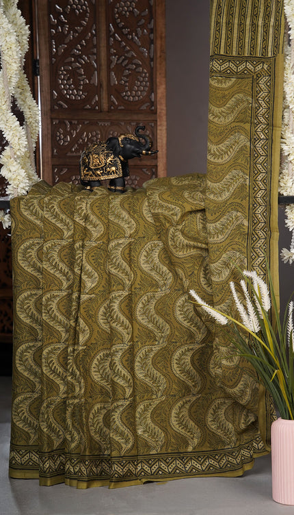 Chanderi cotton saree with Kalamkari print - Olive Green