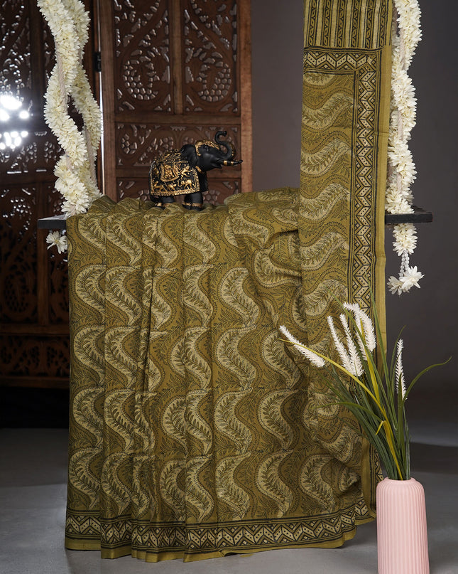 Chanderi cotton saree with Kalamkari print - Olive Green