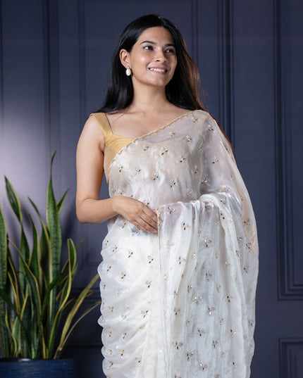 Soft Satin Velvet silk saree With Kardhana  work with Scallop Border -White