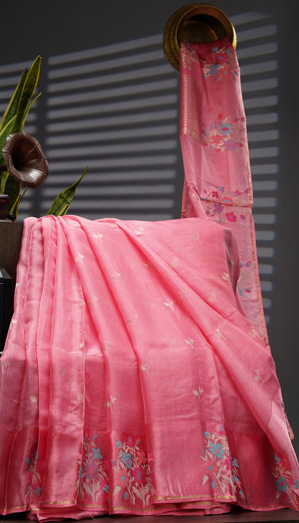 Munga Kota Silk With Silver Butties And Satin Boarder With Meenakari - Pink