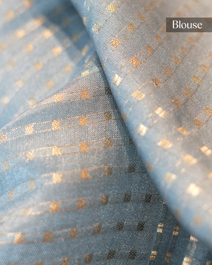 Tussar silk saree floral print with weaving check border - Light Blue