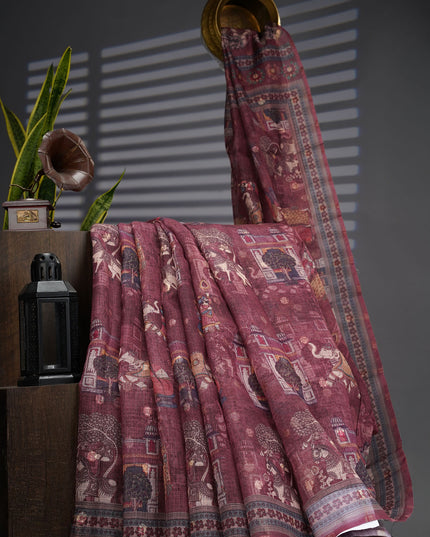 Silk Kota Saree With Digital Print And Gold Weaving Butties - Maroon