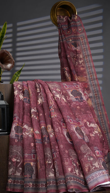 Silk Kota Saree With Digital Print And Gold Weaving Butties - Maroon