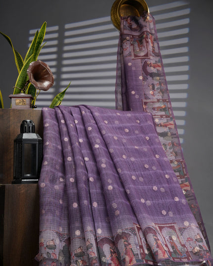 Silk Kota Saree With Digital Print And Gold Weaving Butties - Lavender