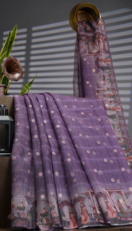 Silk Kota Saree With Digital Print And Gold Weaving Butties - Lavender