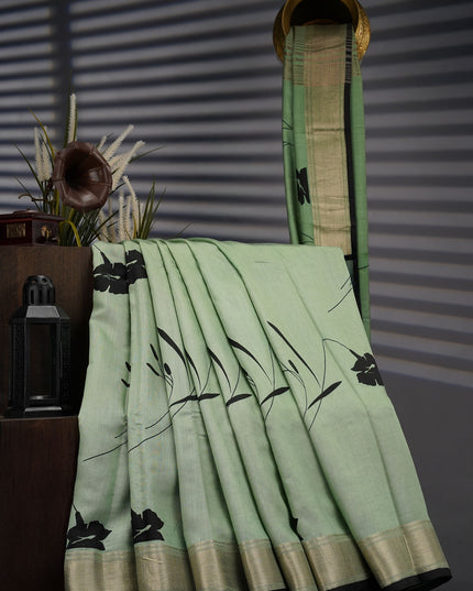 Muslin Silk Digital Print With Gold Zari Border - Sage Green