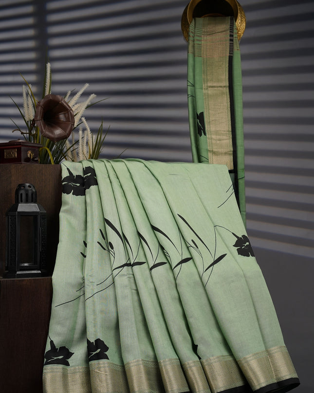 Muslin Silk Digital Print With Gold Zari Border - Sage Green