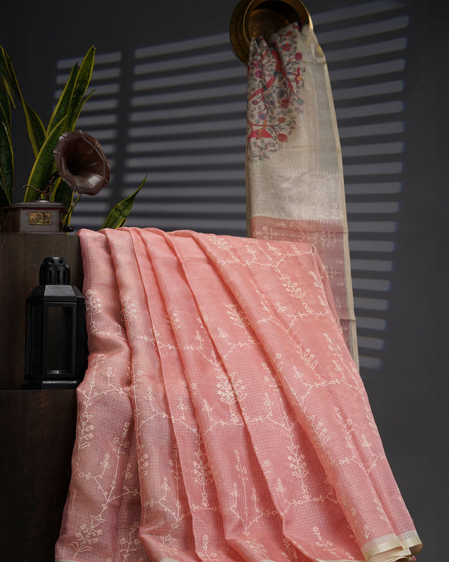 Silk Kota Saree With Allover thread Work - Peach