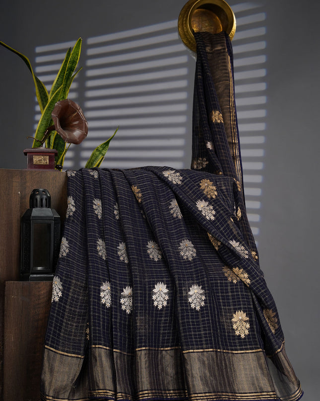 Kaddi Georgette Saree With Gold Butties And Kaddi Border - Black