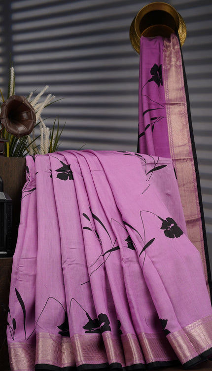 Muslin Silk Digital Print With Gold Zari Border - Onion Pink