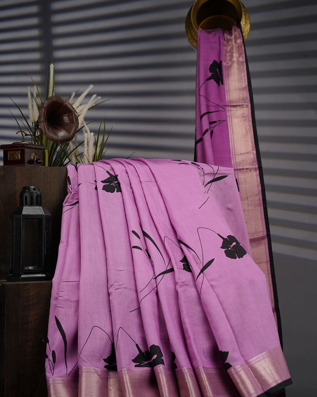 Muslin Silk Digital Print With Gold Zari Border - Onion Pink