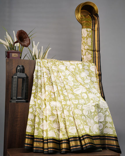 Mangalagiri Silk With Digital Print Contrast Border - Pista Green