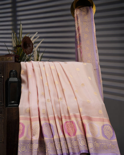 Tissue Banaras Saree with Gold Zari Butties and Contrast Border- Light Pink