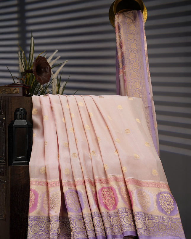 Tissue Banaras Saree with Gold Zari Butties and Contrast Border- Light Pink
