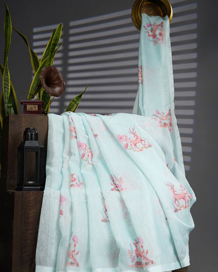 Linen Silk With Printed Butties - Mint Green