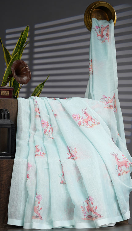 Linen Silk With Printed Butties - Mint Green