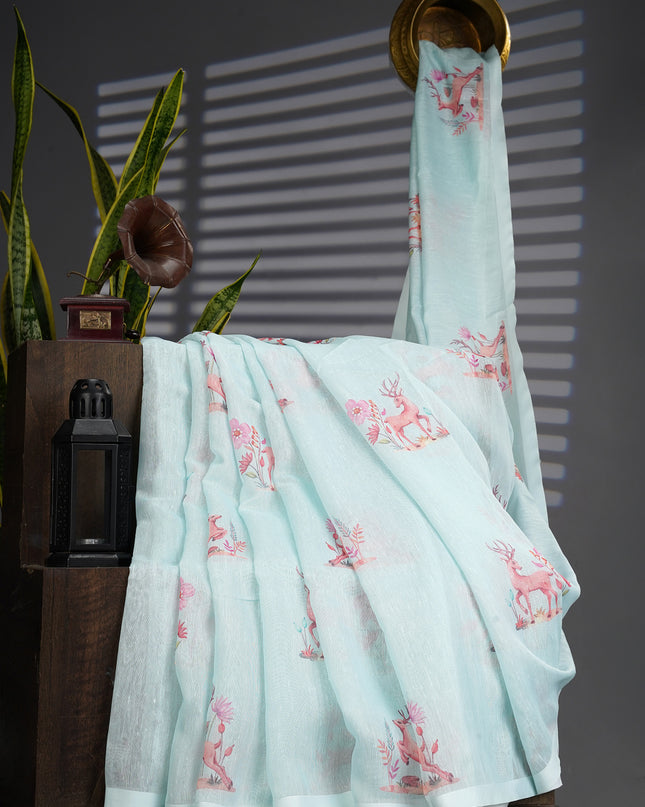 Linen Silk With Printed Butties - Mint Green