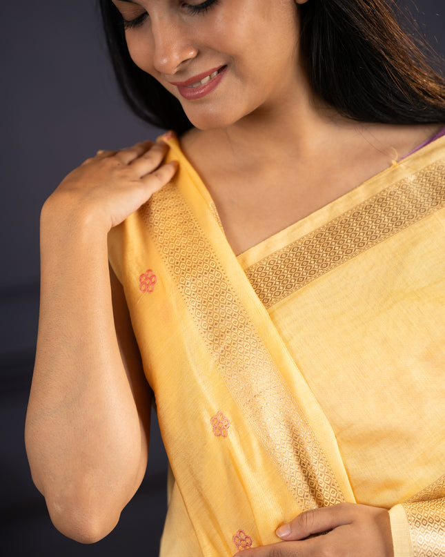 Chanderi Silk Zari Border Embroidery Work - Yellow