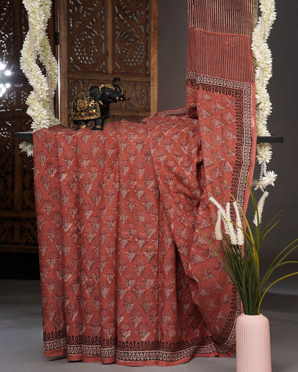 Mul Cotton Saree with  Block Printed - Rust