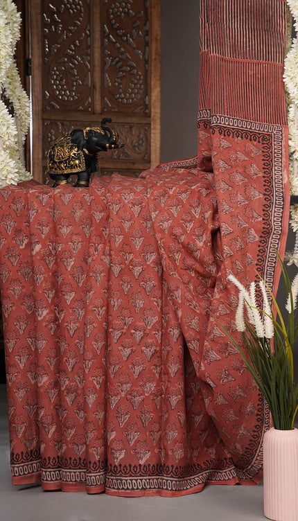 Mul Cotton Saree with  Block Printed - Rust