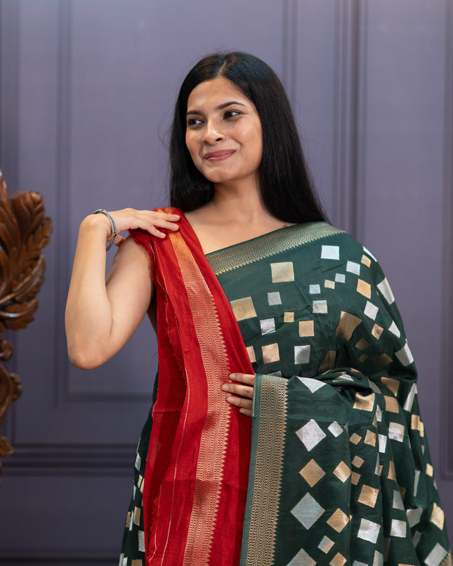 Banaras Silk Saree Gold & Silver Zari Butties and Border - Bottle Green