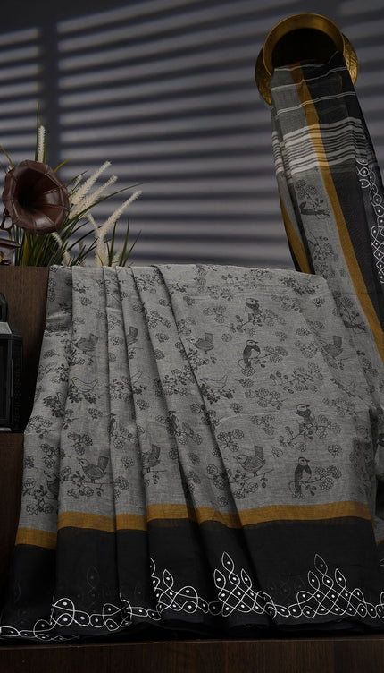 Chanderi Silk Floral Print With Contrast Border - Grey