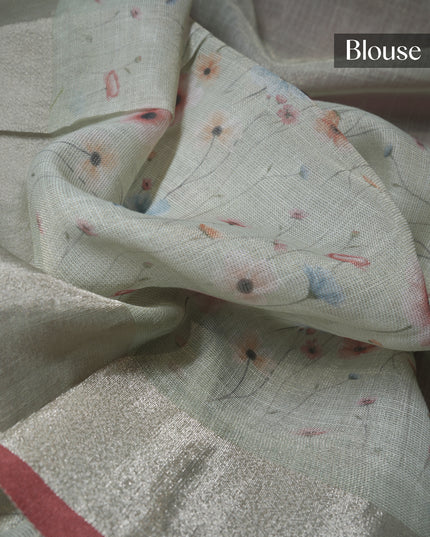 Tissue linen silk saree floral print with not work - Light Blue