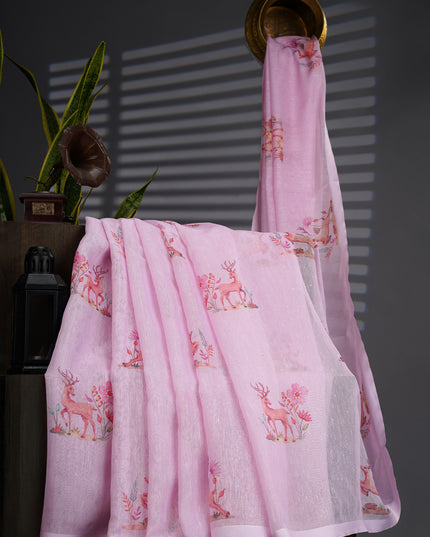 Linen Silk With Printed Butties - Pink