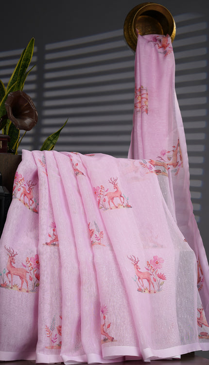 Linen Silk With Printed Butties - Pink