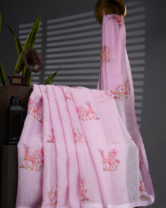 Linen Silk With Printed Butties - Pink