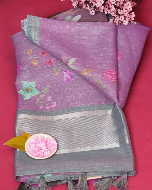 Linen silk saree floral Print contrast Border - Purple