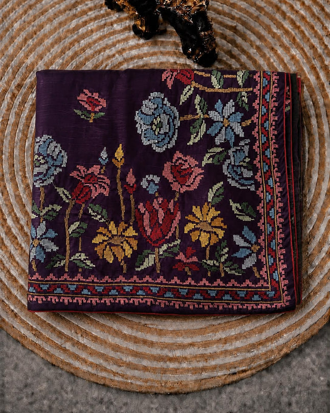 Dupion Saree with Thread Work Piping Border- Violet