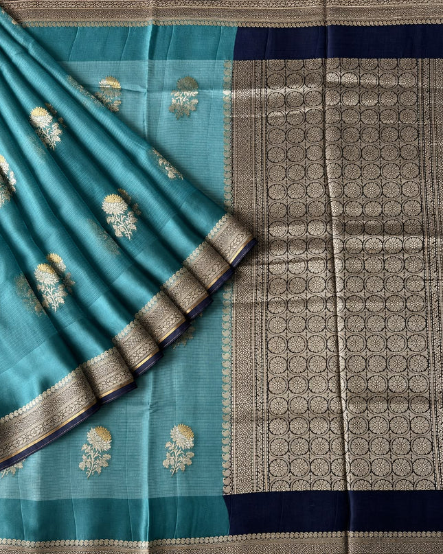 Kota Silk saree with Golden Buttes and Satin Borer Floral Print - Sage Green