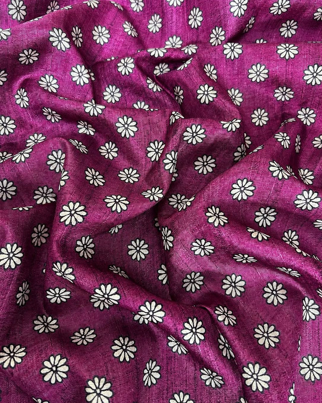 Tusser Saree With All Over Thread Embroidery  Work Flower Print Border - Purple