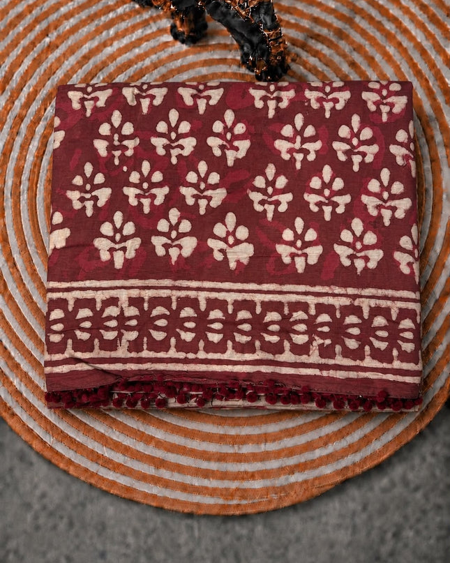 Mul Cotton Saree with Floral Print and Zig Zag Border - Maroon