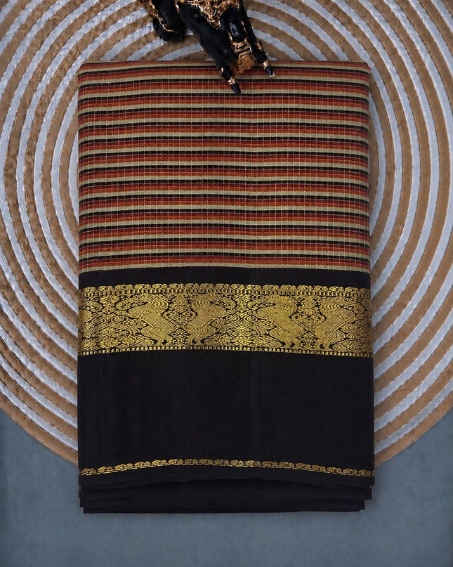 Pure Kanchi Pattu Saree With Allover  Golden Zari Checks and Multi Stripes Design and Gap  Border - Maroon