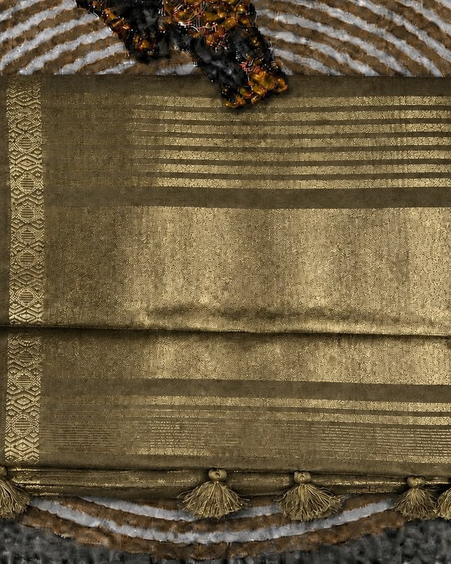 Tusser Tissue Saree With Kalamkari Print and Small Zari Border - Gold