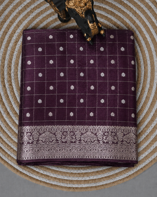 Chinon Silk Saree  with Golden Zari  Weaving Checks Design With Small Butties  Contrast Golden Zari Border -Brown