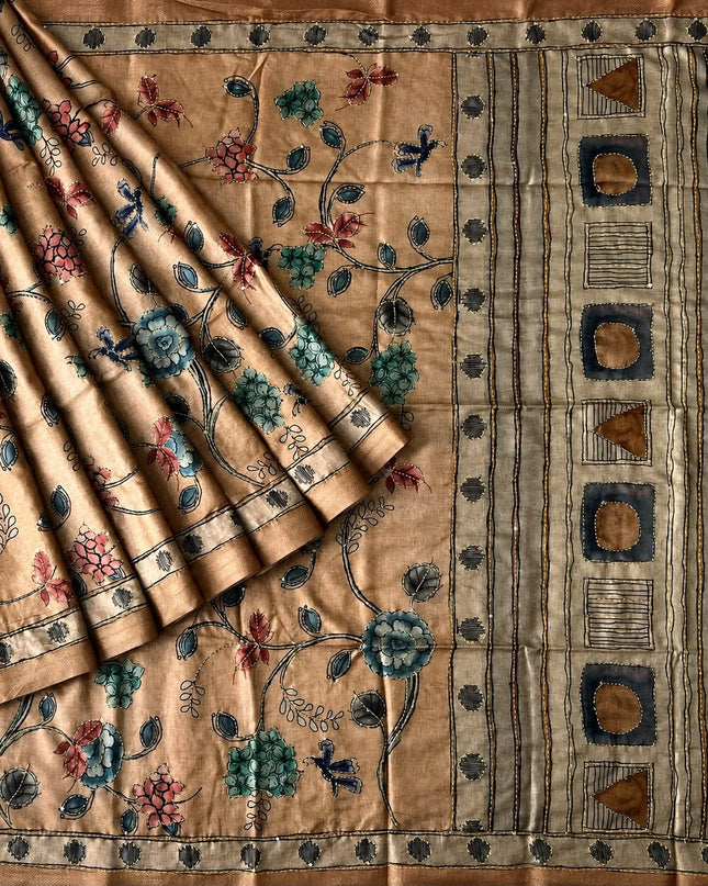 Tusser Silk Saree With Floral Print and Kantha work and Contrast Border - Brown