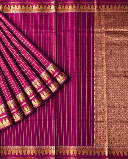 Green Silk Saree with Checks Design And Temple Design Border - Purple